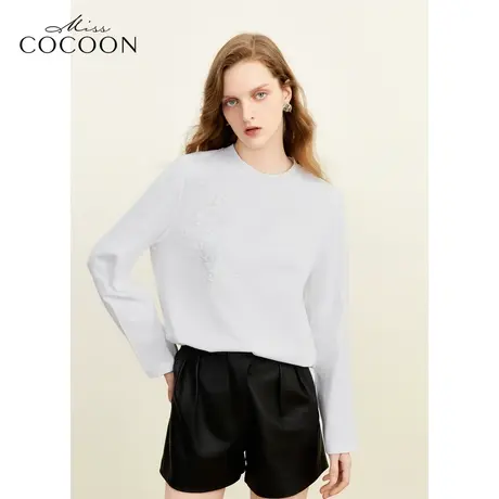 MissCOCOON遮肉显瘦2023冬新款女装手工钉珠绣花纯棉T恤商品大图