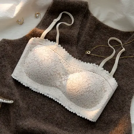 防走光抹胸内衣女夏季薄款小胸聚拢胸罩无钢圈防滑无肩带蕾丝文胸图片