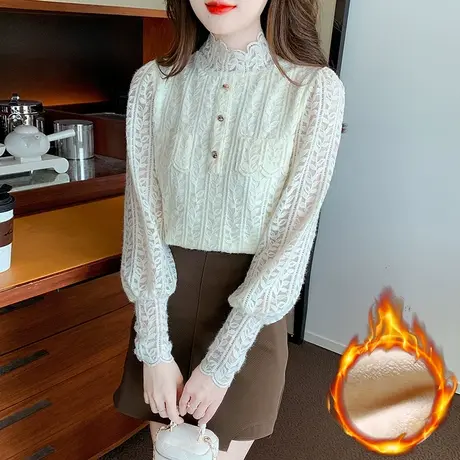 2023冬装新款女装半高领加绒加厚蕾丝打底衫女设计感小众内搭小衫商品大图