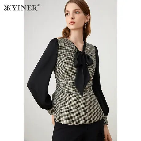 YINER音儿女装2021秋季新款蝴蝶结拼接上衣商品大图