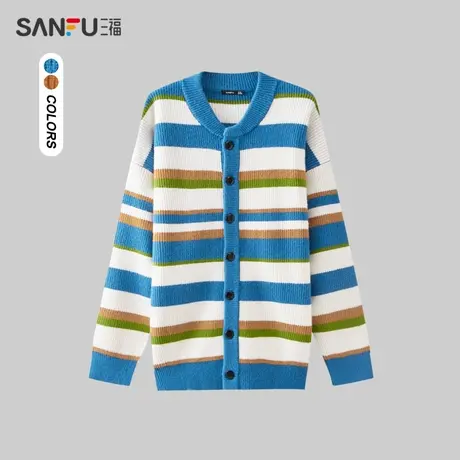 三福2023冬男士廓形开衫横条纹毛衣 时尚休闲宽松上衣男478091商品大图