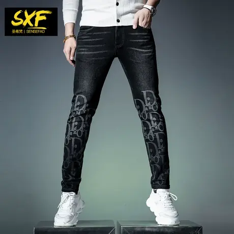 SXF圣希梵男士牛仔裤 秋装新品欧美潮牌印花修身小脚裤休闲长裤男图片