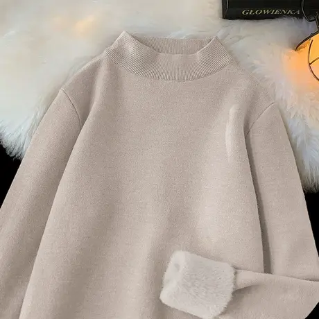 男士毛衣秋冬半高领打底衫保暖内搭针织衫毛衫一体绒加厚中领线衣商品大图