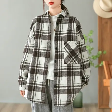 dza 复古宽松翻领加绒衬衫外套女冬季加厚保暖格纹上衣中长款衬衣商品大图