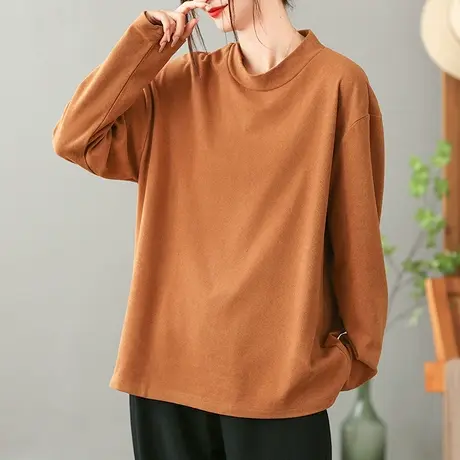 dza复古纯色全棉半高圆领薄绒长袖T恤女秋冬内搭打底宽松显瘦上衣商品大图