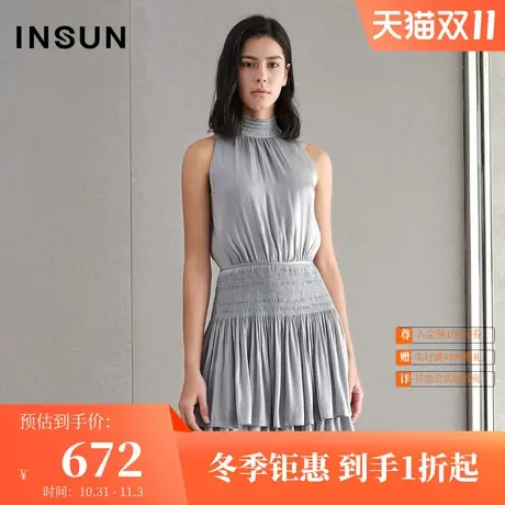 恩裳夏季通勤OL时尚简约气质无袖百褶连衣裙短款洋气裙子图片