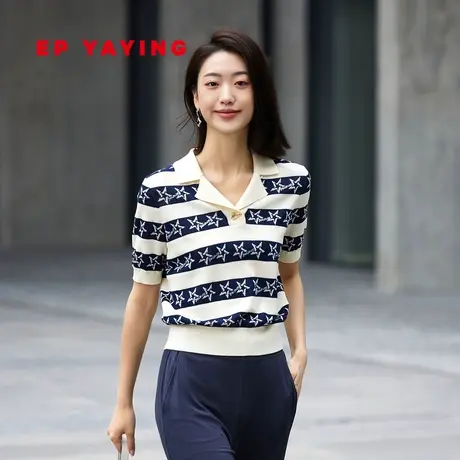 EP雅莹女装 进口棉针织短袖条纹POLO海魂衫2023秋装新款9536A图片