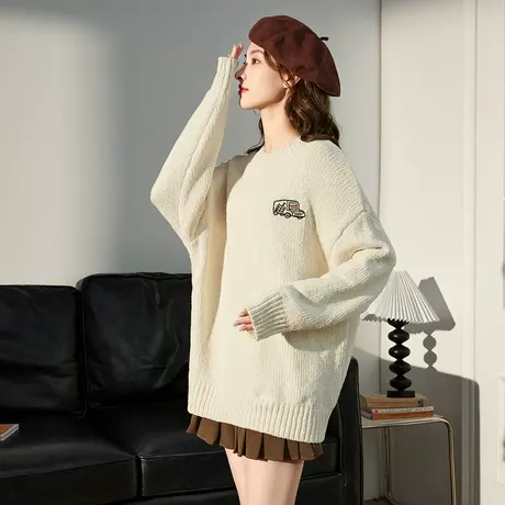 唐狮秋冬白色毛衣女圆领温柔软糯高级感毛衣上衣设计感穿搭衣服图片