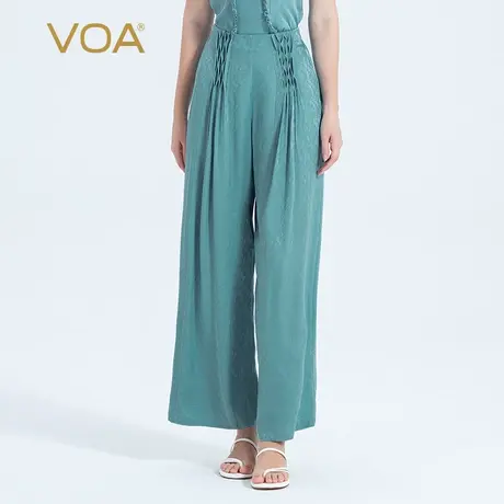 VOA真丝提花22姆米椰蓝自然腰斜插袋立体褶皱装饰休闲百搭直筒裤商品大图