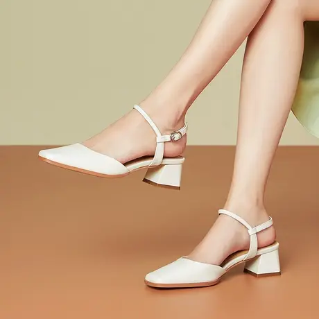 夏季新款真皮法式包头凉鞋女舒适软皮软底牛皮单鞋粗跟百搭女鞋商品大图