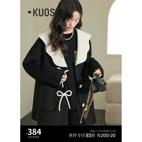 阔色娃娃翻领毛呢外套女2023新款秋冬季v领蝴蝶结中长款呢子大衣商品大图