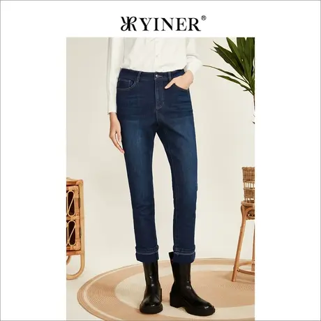 YINER音儿女装2022冬季新款高腰翻边牛仔裤高级感商品大图
