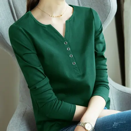 秋装新款长袖V领T恤女中袖小衫针织打底七分袖体恤牛油果绿色上衣商品大图