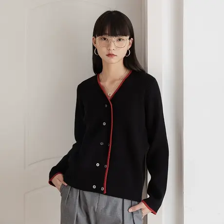 omont蛋挞家 复古双排扣细针撞色V领针织开衫女春季宽松毛衫外套商品大图