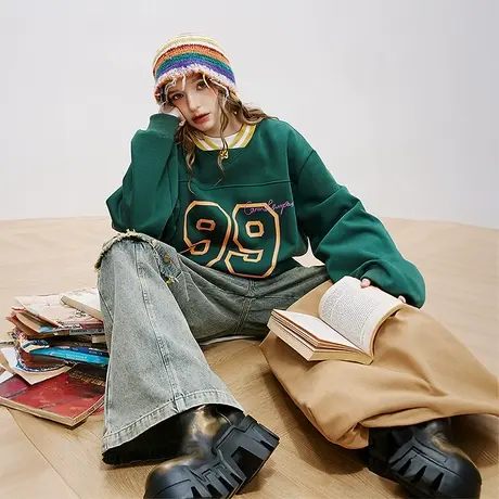 潮牌设计感立领卫衣女春秋2023年新款复古宽松oversize情侣装上衣商品大图