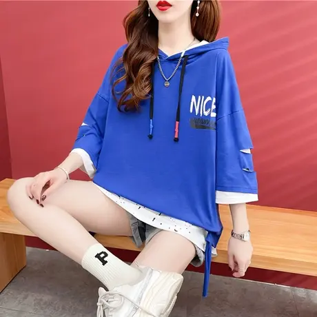 连帽短袖t恤女夏季韩版宽松大码女装中长款七分袖假两件上衣服潮图片