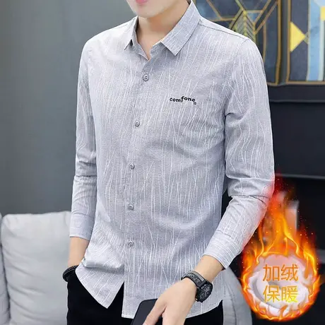 男士衬衫冬季加绒加厚休闲条纹长袖衬衣港风日系痞帅上衣外套保暖商品大图