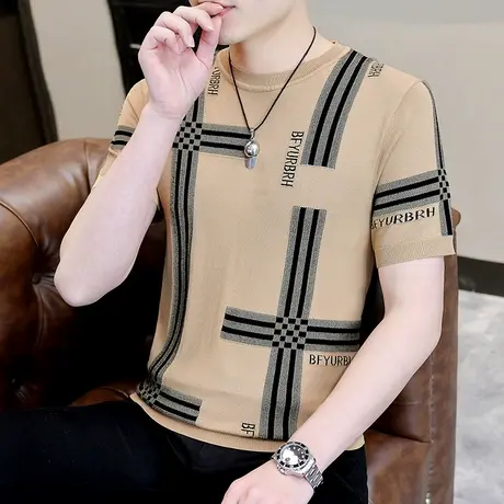 冰丝短袖男薄款透气夏装高端潮牌提花伊力特冰感条纹休闲针织体恤商品大图