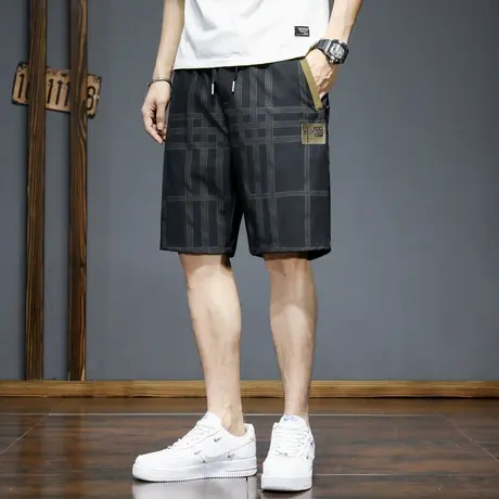 夏天潮牌帅气休闲格子短裤男士薄款宽松沙滩冰丝中裤运动五分裤子商品大图