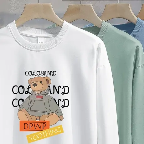 白色卫衣男2023新款宽松圆领无帽上衣加绒潮牌小熊春秋季长袖t恤商品大图