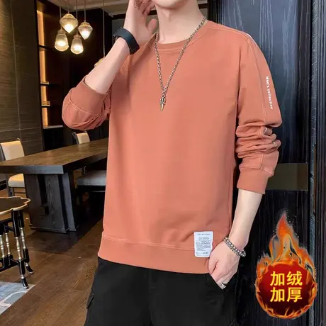 男士卫衣秋冬款圆领宽松潮流纯色上衣青少年加绒加厚冬季长袖t恤商品大图