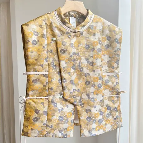 素飞新中式马甲秋冬加棉加厚保暖背心织锦金雏菊提花上衣原创5075图片