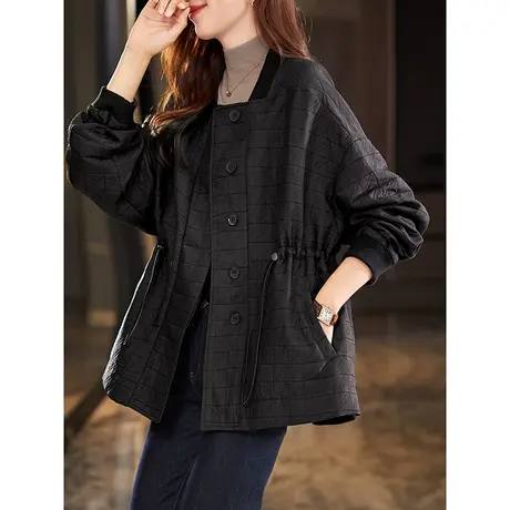 宝诗黎方领抽绳收腰纯色格纹短外套2023秋季新款宽松休闲开衫上衣商品大图