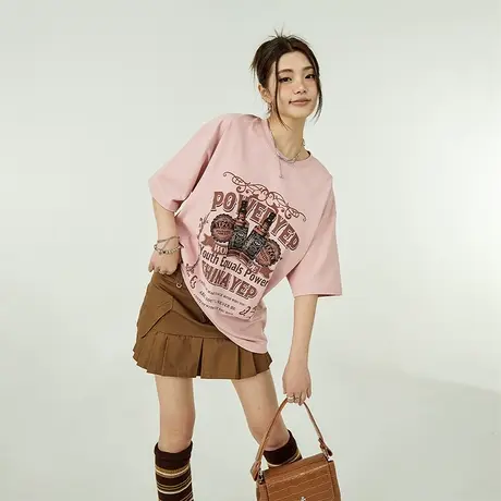YEP脏粉色美式复古短袖t恤女夏季新款宽松情侣装半袖ins潮牌上衣商品大图