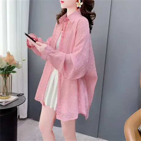 粉色防晒衣女夏季2023年新款宽松设计感褶皱薄款长袖衬衫外套上衣图片