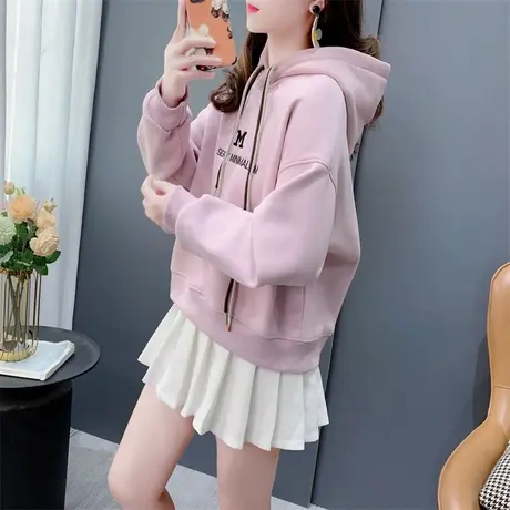 超火韩系小个子加绒连帽卫衣女秋冬2023新款炸街宽松洋气爆款上衣商品大图