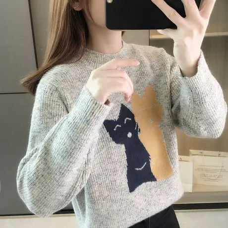 秋冬季新款半高领毛衣女士套头洋气卡通针织衫宽松打底衫小众上衣图片