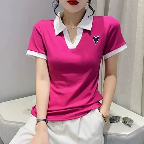 欧货POLO领上衣女短袖洋气百搭修身t恤2024夏季新款拼色个性小衫图片