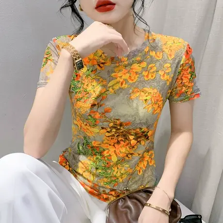 漂亮印花短袖T恤女2024夏装新款时尚洋气网纱上衣修身圆领小衫潮商品大图