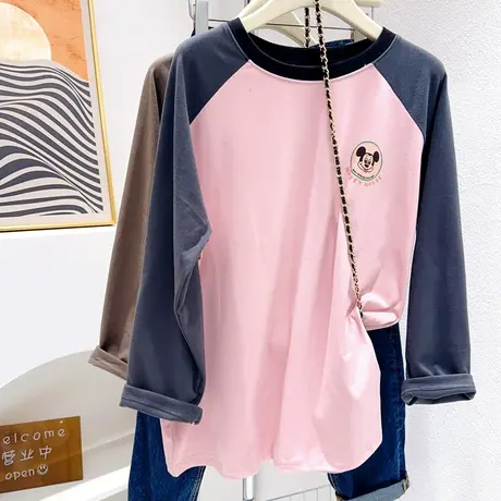 韩国东大门上衣卡通拼色双面德绒长袖T恤秋冬保暖打底衫大码胖MM图片