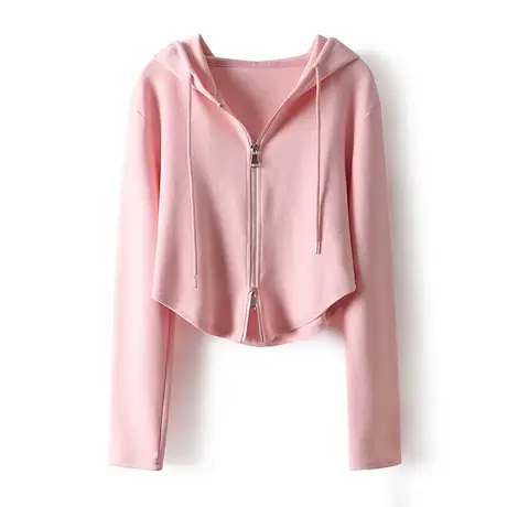 春秋季新款粉色减龄双拉链长袖短款连帽卫衣女时尚休闲开衫外套潮商品大图