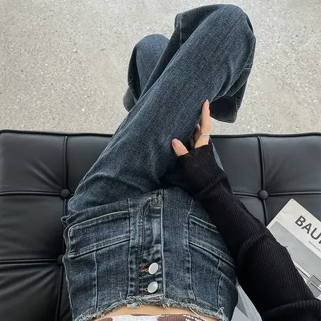 设计感毛边直筒阔腿牛仔裤女春秋季2023年新款高腰宽松显瘦拖地裤商品大图