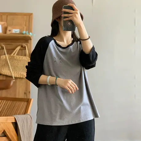 dza 复古德绒圆领长袖T恤女秋冬内搭打底衫宽松加绒休闲长袖上衣商品大图