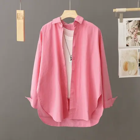 洋气玫红色纯棉衬衫女式长袖上衣春秋百搭打底衫外穿衬衣外套开衫商品大图