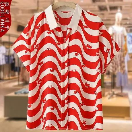 中年妈妈夏装雪纺衫上衣200斤大码宽松时尚印花减龄条纹短袖衬衫商品大图