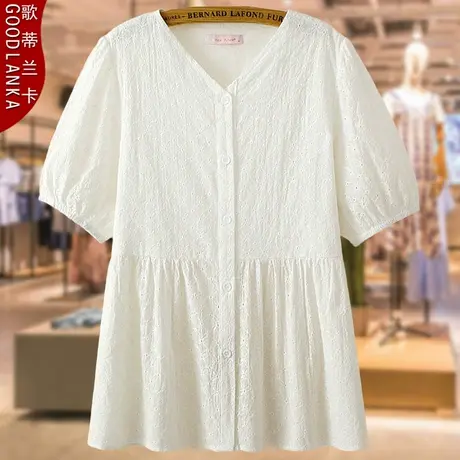 加肥加大码胖妈妈夏季上衣宽松洋气小衫中年女士提花纯棉短袖衬衫商品大图