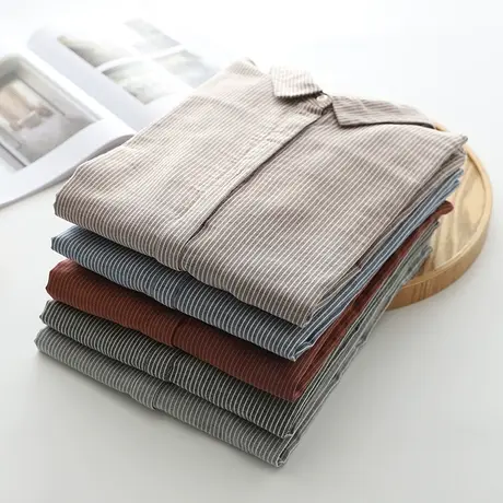 条纹双层棉纱长袖衬衫女宽松2023秋装百搭文艺纯棉柔软女士衬衣商品大图