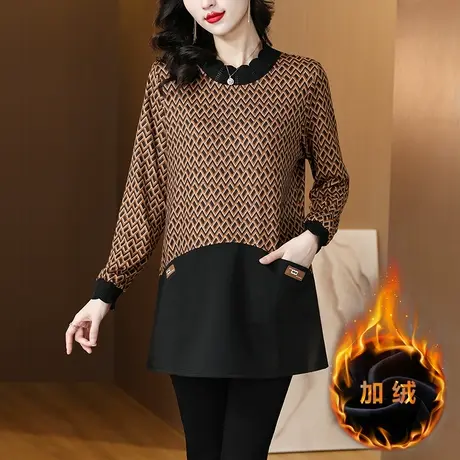 中年妈妈加绒打底衫女秋季宽松加大码女装洋气遮肚中长款长袖上衣图片