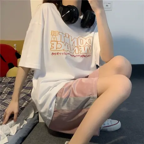2024春夏新款韩版原宿港味字母印花宽松纯棉短袖T恤女ins半袖上衣商品大图