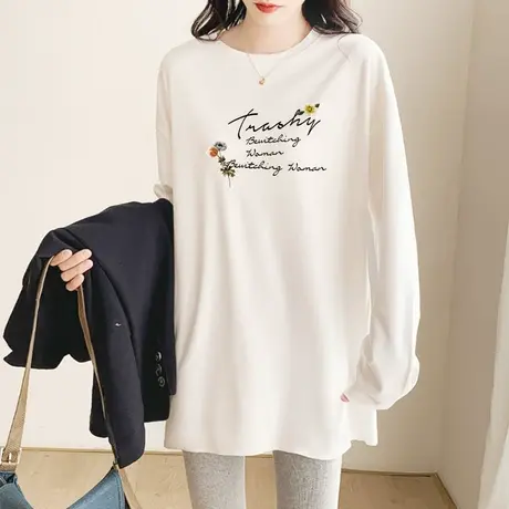 白色中长款大码T恤女长袖宽松字母印花打底衫2022年秋季新款内搭图片