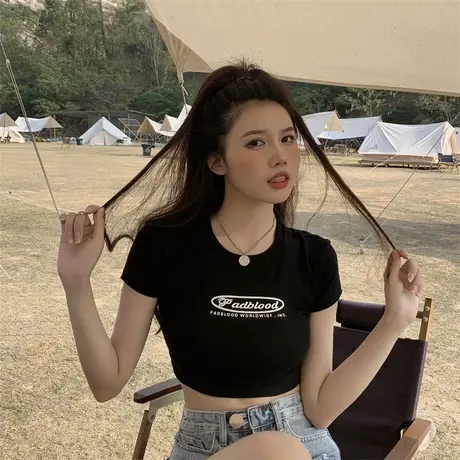 短款辣妹白色短袖T恤女ins潮夏季2023年新款露脐设计感小众上衣服商品大图