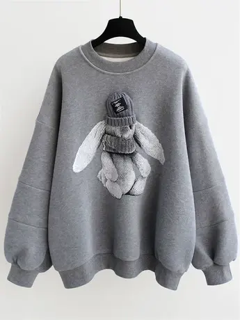 卫衣女春秋薄款2022新款韩版中长款兔子宽松外套洋气ins潮上衣服商品大图