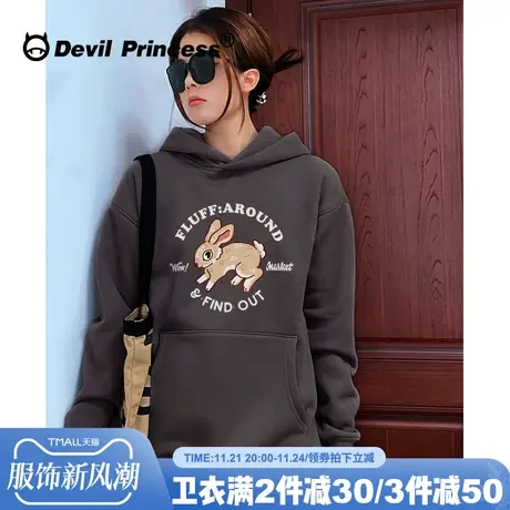 vintage古着感宽松卡通印花深灰色卫衣女学院风减龄百搭帽衫上衣图片