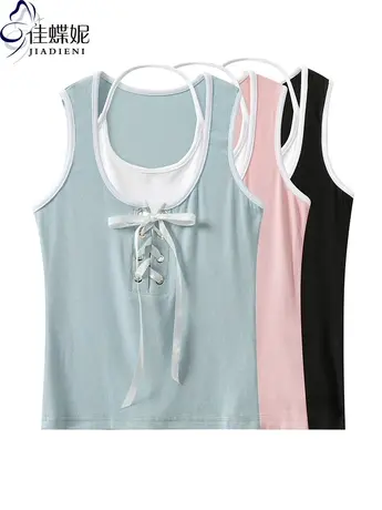 夏季新款圆领修身短款抽绳纯欲辣妹两件套纯棉纯色打底背心套装女图片