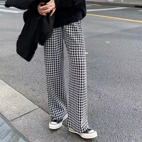 千鸟格裤子女夏薄款春秋港风复古阔腿裤设计感宽松百搭垂感休闲裤商品大图