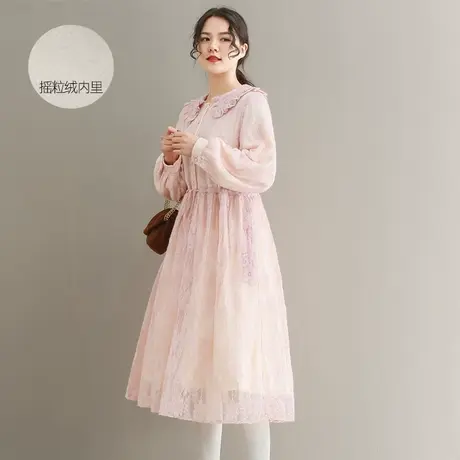 【买一送一】秋冬新品摇粒绒内里蕾丝连衣裙大码减龄娃娃领长裙商品大图
